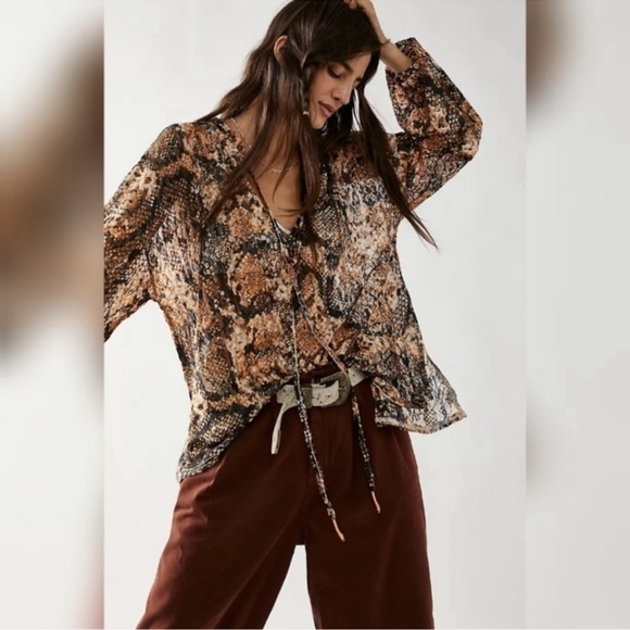 Free People Tops - Free People Out For The Night Snake Print Sheer Blouse Oversized Boho Revolve XS